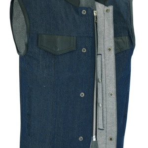 MOTORCYCLE MEN’S BROKEN BLUE ROUGHRUB-OFF RAW FINISH DENIM VEST W/LEATHER TRIM- SCOOP