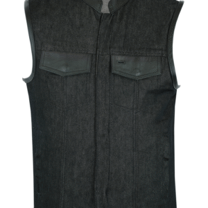 MOTORCYCLE MEN’S ROUGH RUB-OFF RAW FINISH DENIM VEST W/LEATHER TRIM - SCOOP COLLAR