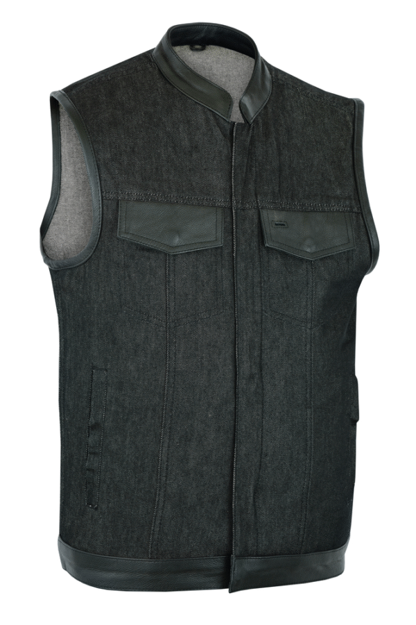 MOTORCYCLE MEN’S ROUGH RUB-OFF RAW FINISH DENIM VEST W/LEATHER TRIM - SCOOP COLLAR - Image 2