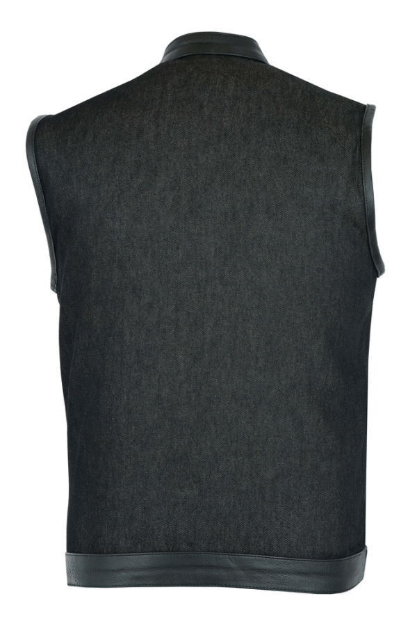 MOTORCYCLE MEN’S ROUGH RUB-OFF RAW FINISH DENIM VEST W/LEATHER TRIM - SCOOP COLLAR - Image 3