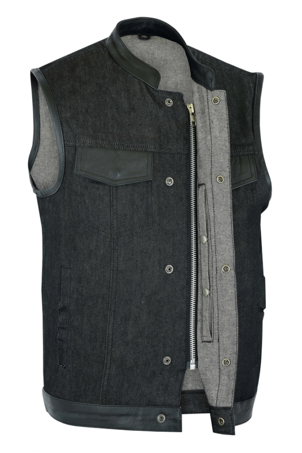 MOTORCYCLE MEN’S ROUGH RUB-OFF RAW FINISH DENIM VEST W/LEATHER TRIM - SCOOP COLLAR - Image 4