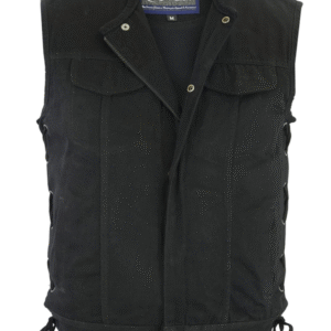 MOTORCYCLE DENIM MATERIAL, UPGRADED STYLE GUN POCKETS, ALL BLACK CONSTRUCTION.