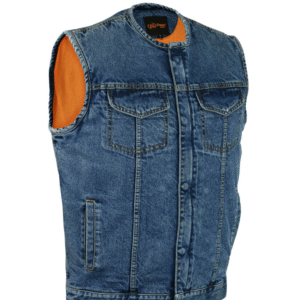 MOTORCYCLE CONCEALED SNAPS, DENIM MATERIAL, HIDDEN ZIPPER, W/O COLLAR