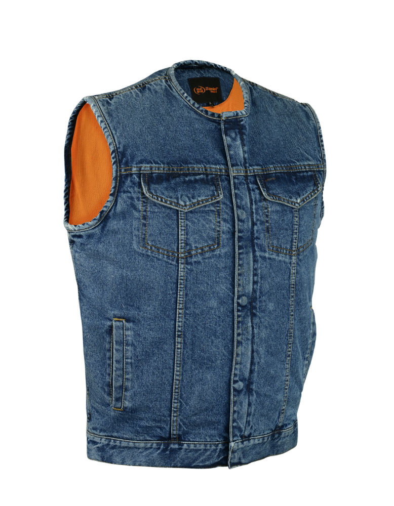 MOTORCYCLE CONCEALED SNAPS, DENIM MATERIAL, HIDDEN ZIPPER, W/O COLLAR