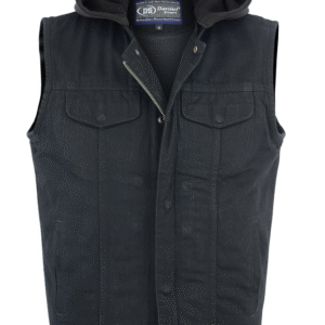MOTORCYCLE MEN'S BLACK DENIM SINGLE BACK PANEL CONCEALMENT VEST W/REMOVABLE HOOD