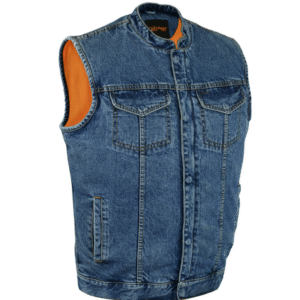 MOTORCYCLE CONCEALED SNAP CLOSURE, DENIM MATERIAL, SCOOP COLLAR & HIDDEN ZIPPER COP