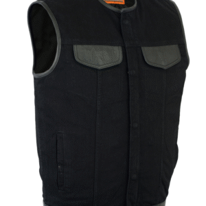 MOTORCYCLE MEN'S BLACK DENIM SINGLE PANEL CONCEALMENT VEST W/LEATHER TRIM- W/O COLLAR
