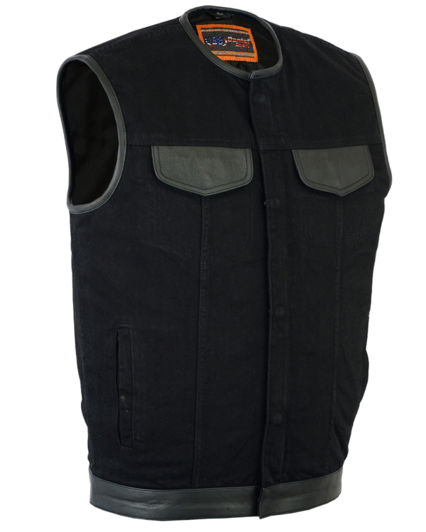 MOTORCYCLE MEN'S BLACK DENIM SINGLE PANEL CONCEALMENT VEST W/LEATHER TRIM- W/O COLLAR