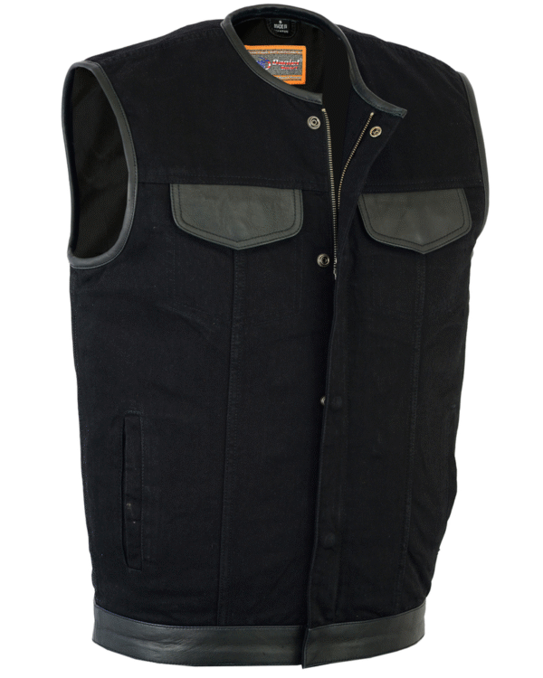 MOTORCYCLE MEN'S BLACK DENIM SINGLE PANEL CONCEALMENT VEST W/LEATHER TRIM- W/O COLLAR - Image 3