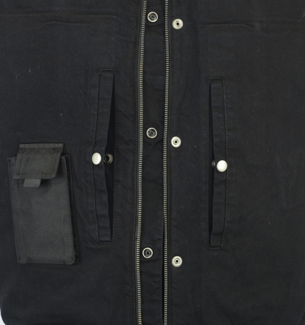 MOTORCYCLE MEN'S BLACK DENIM SINGLE PANEL CONCEALMENT VEST W/LEATHER TRIM- W/O COLLAR - Image 4
