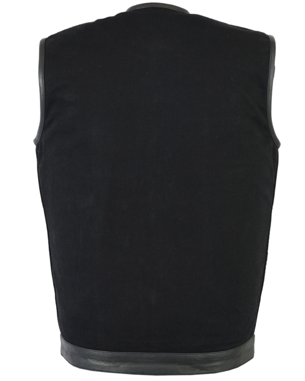 MOTORCYCLE MEN'S BLACK DENIM SINGLE PANEL CONCEALMENT VEST W/LEATHER TRIM- W/O COLLAR - Image 2