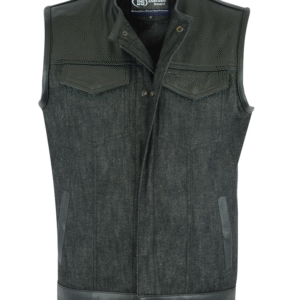 MOTORCYCLE MEN’S LEATHER/DENIM COMBO VEST WITHOUT COLLAR