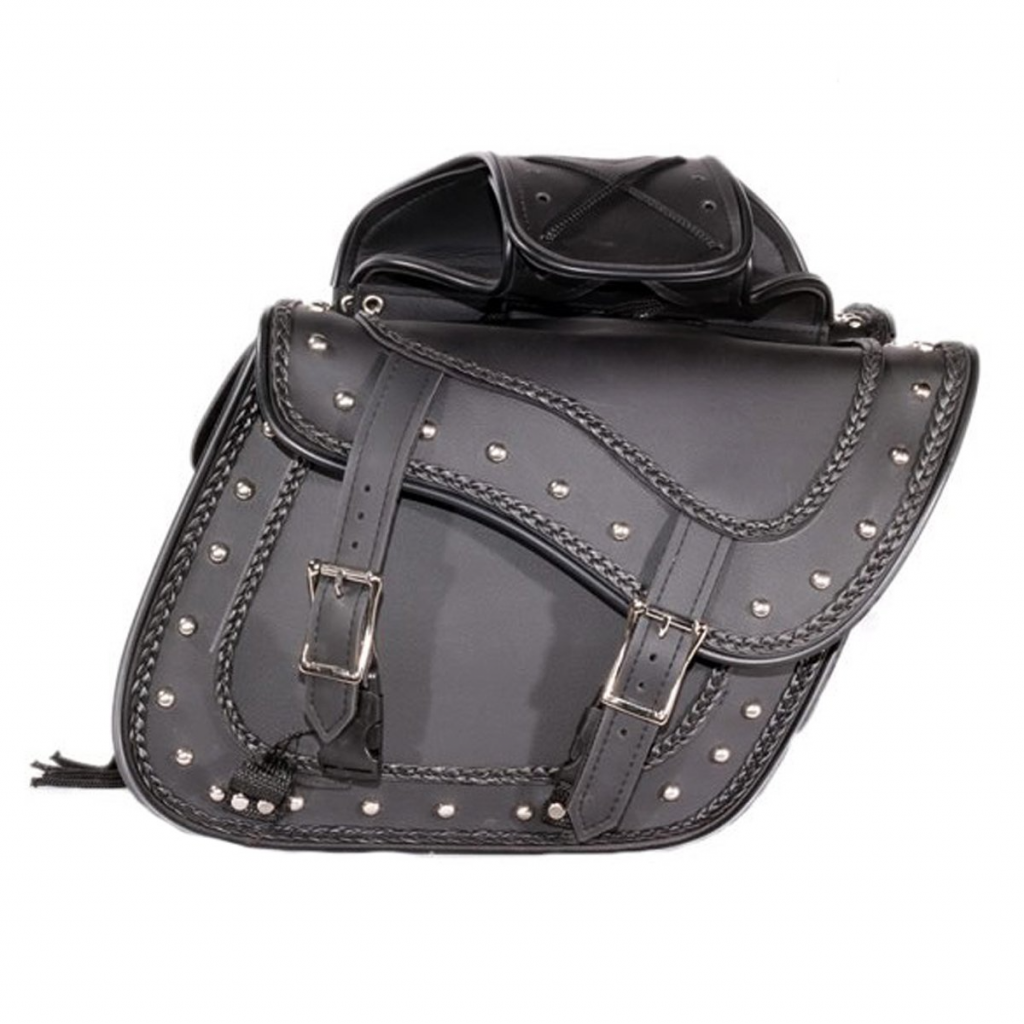 Motorcycle Slanted Black Concealed Carry Braided Plain Saddlebags with Studs