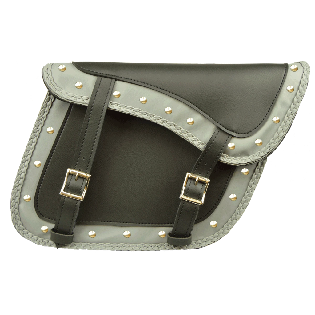 Motorcycle Slanted Black and Grey Concealed Carry Braided Saddlebags with and without Studs