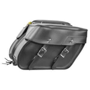 Plain Slanted Motorcycle Saddlebags The Plain Slanted Motorcycle Saddlebags measure 16” L x 11” H x 7” D and are quite roomy. Although these beauties look like they were made out of genuine leather, they were actually crafted from a PVC material that is very durable and requires less care and maintenance than leather. These bags offer you a lot of bang for your buck and include some great features, including two snaps on the lid to help keep it closed and a universal zip-off, throw-over attachment that has a Velcro closure. These sturdy bags also include a hard sheet so that they will keep their shape. On the interior of the bag is a small pocket for stashing those hard-to-find smaller items. These bags also boast quick-release closures hidden underneath the traditional straps and buckle closures.