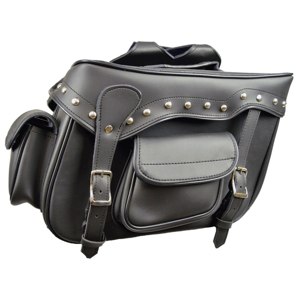 Motorcycle Black Studded Saddle Bag with 2 Outside Pockets 16X11X6