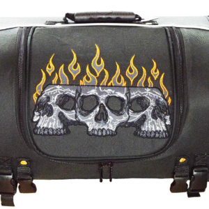 Motorcycle Vance Leather Textile Trunk Bag with Expandable Sides and Reflective Skull with Colored Flame Embroidery