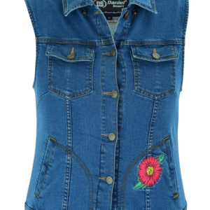 MOTORCYCLE WOMEN'S BLUE DENIM SNAP FRONT VEST WITH RED DAISY