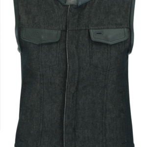 MOTORCYCLE WOMEN’S ROUGH RUB-OFF RAW FINISH DENIM VEST W/LEATHER TRIM