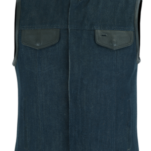 MOTORCYCLE WOMEN’S BROKEN BLUE ROUGH RUB-OFF RAW FINISH DENIM VEST W/LEATHER TRIM