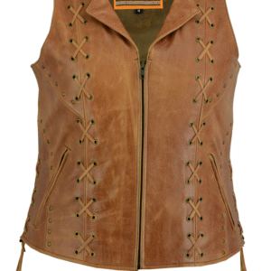 MOTORCYCLE WOMEN’S BROWN ZIPPERED VEST WITH LACING DETAILS