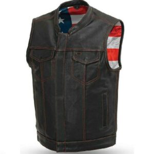 US Flag Men Club Style Biker Motorcycle Concealed Carry Leather Vest