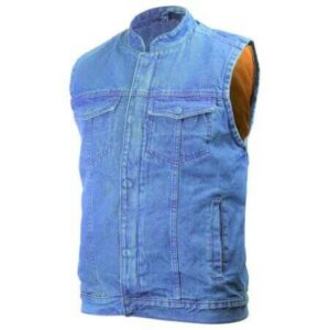 MENS MOTORCYCLE SNAPS ZIPPERED DENIM BLUE VEST CONCEALED CARRY