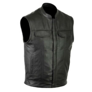 Mens Motorcycle Leather Club Vest Solid Black Concealed Carry Pockets