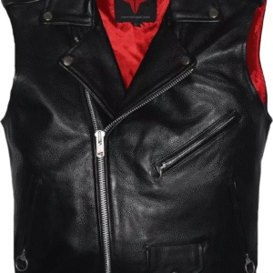 Mens Motorcycle Classic Biker Leather Vest with Red Liner